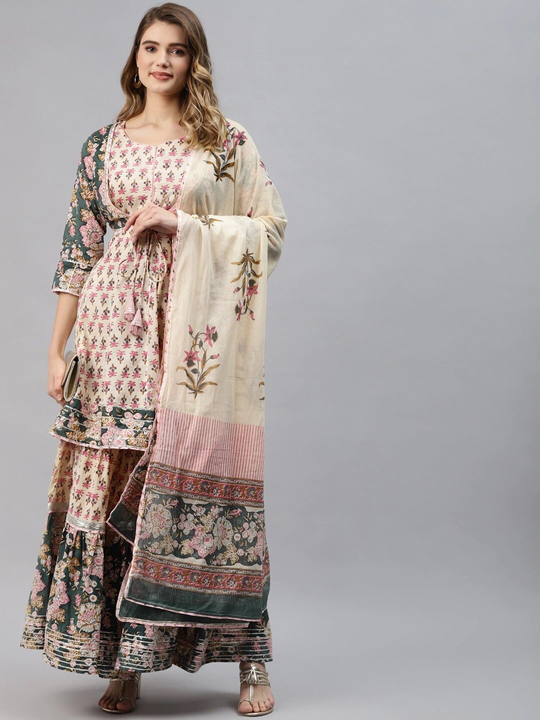

Divena Floral Printed Pure Cotton Kurta with Sharara & With Dupatta, Cream