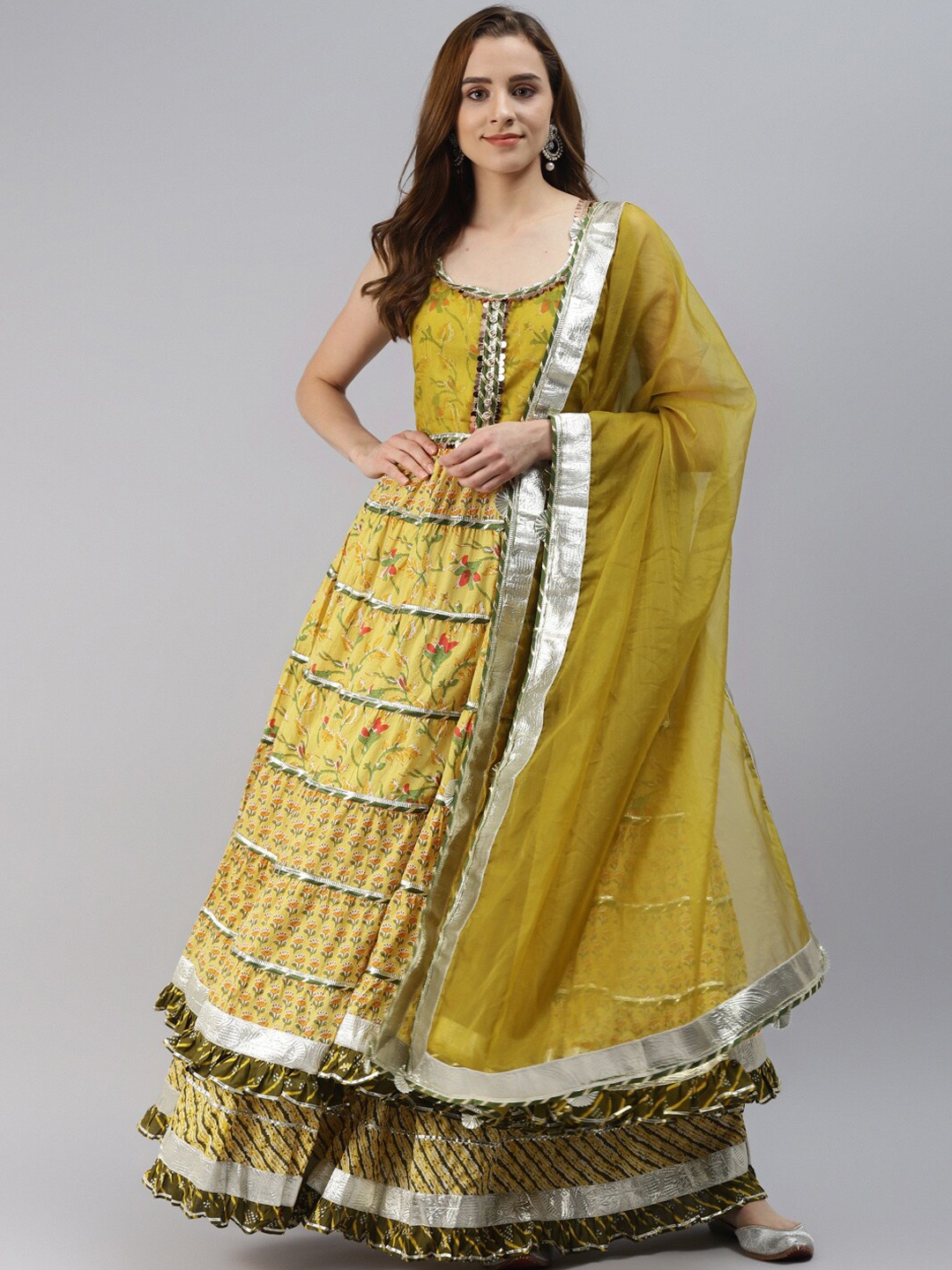 

Divena Floral Printed Gotta Patti Pure Cotton Kurta with Sharara & With Dupatta, Yellow