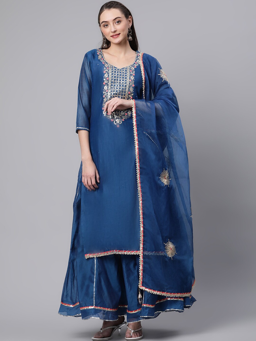 

Divena Women Ethnic Motifs Yoke Design Gotta Patti Kurta with Skirt & Dupatta, Blue