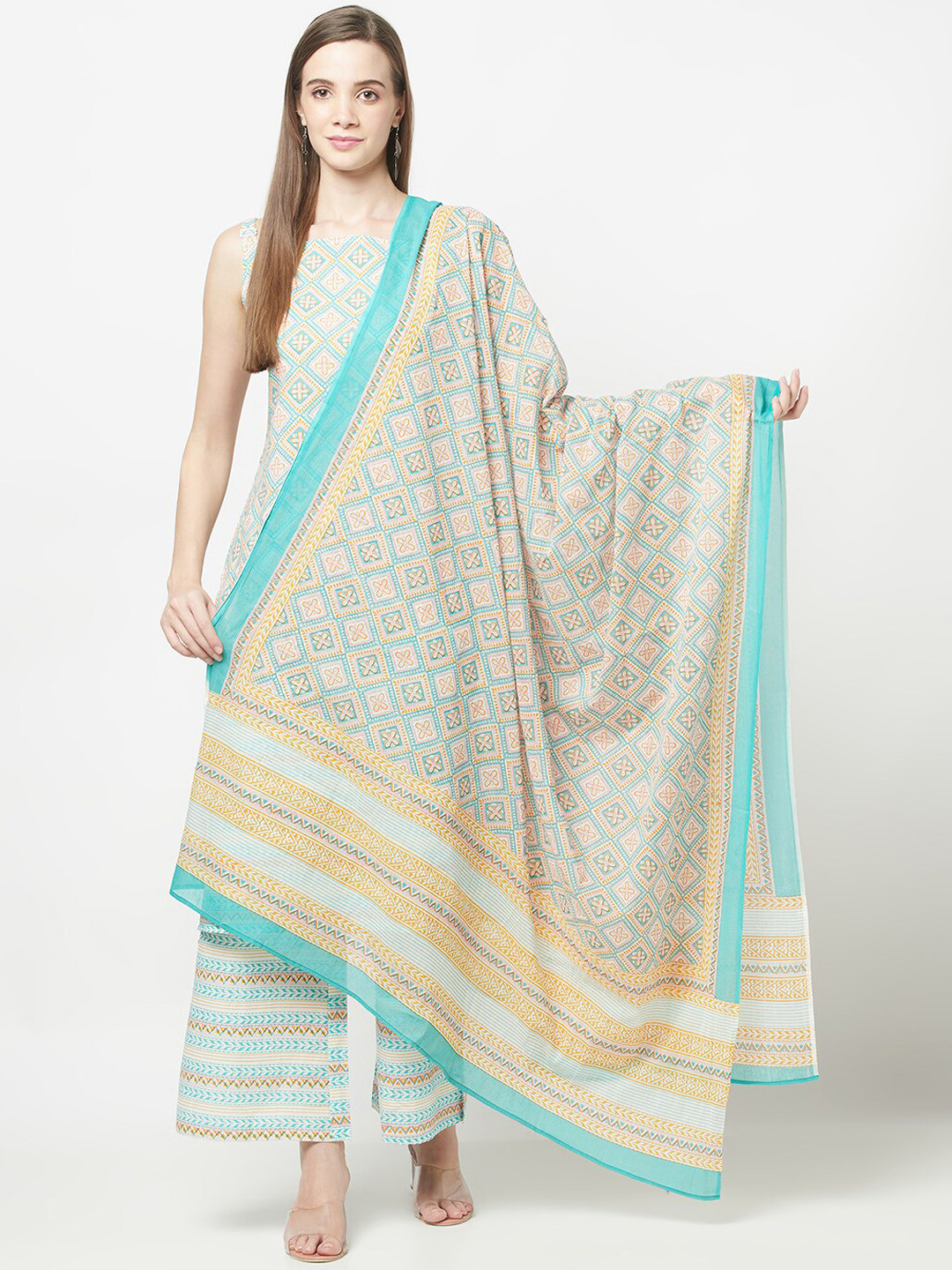 

ERISHA Women Printed Pure Cotton Kurta with Trousers & Dupatta, Blue