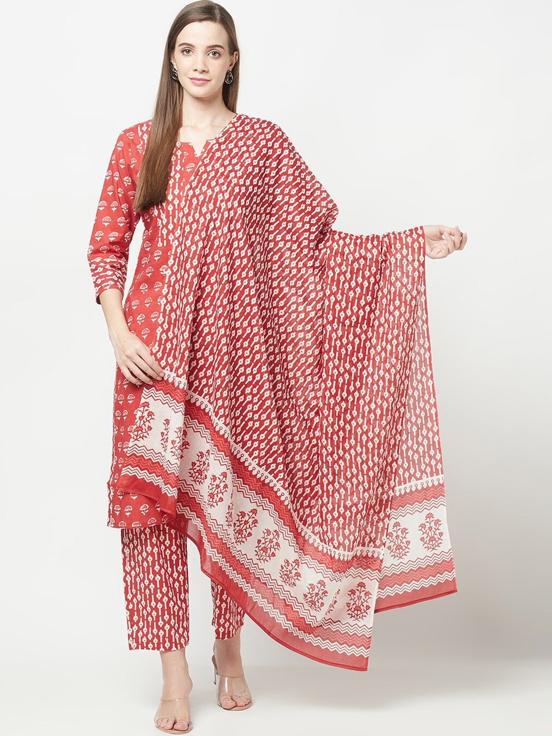 

ERISHA Ethnic Motifs Printed Pure Cotton Kurta & Trousers With Dupatta, Red