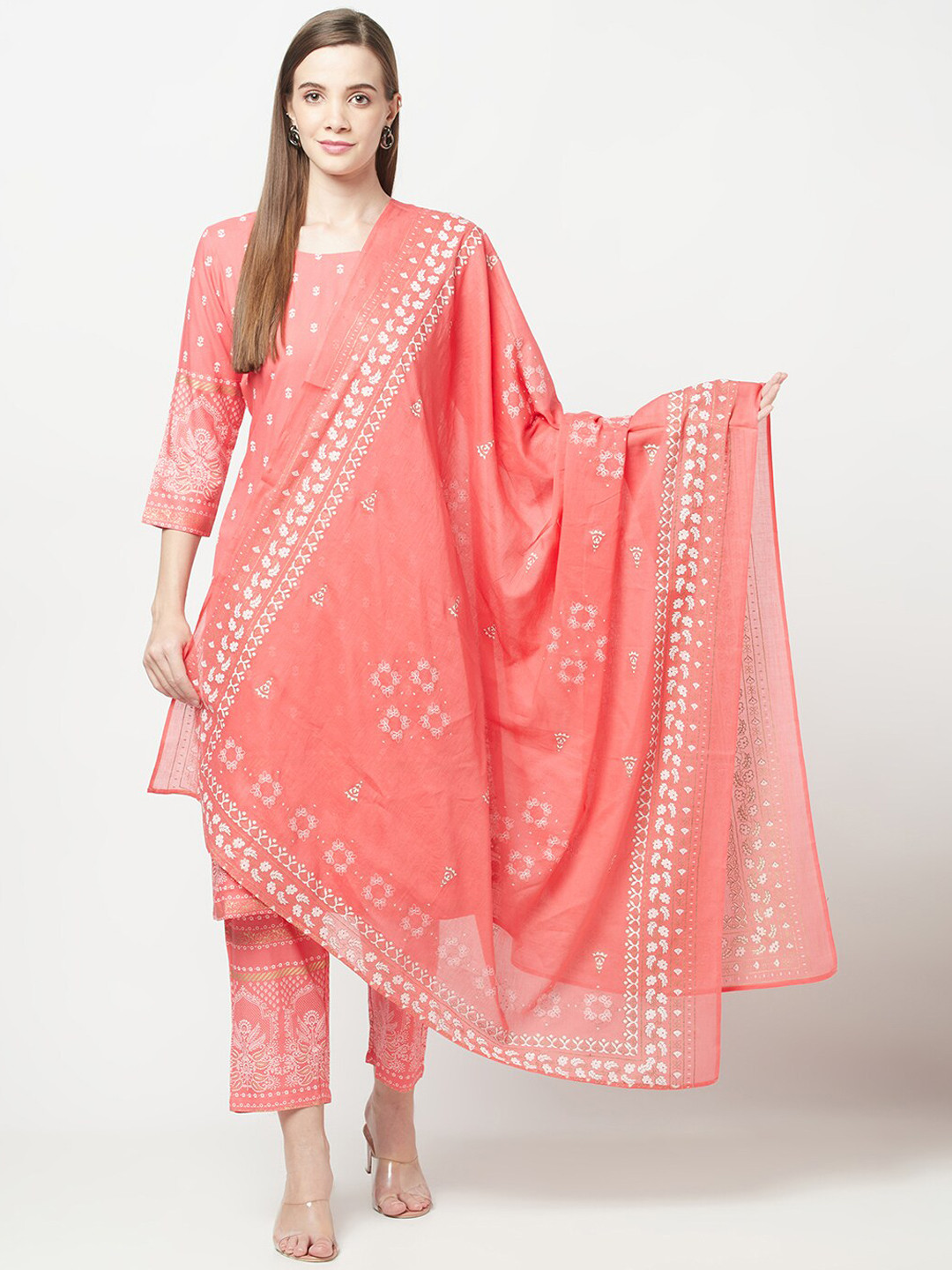 

ERISHA Women Ethnic Motifs Printed Kurta with Trousers & Dupatta, Pink