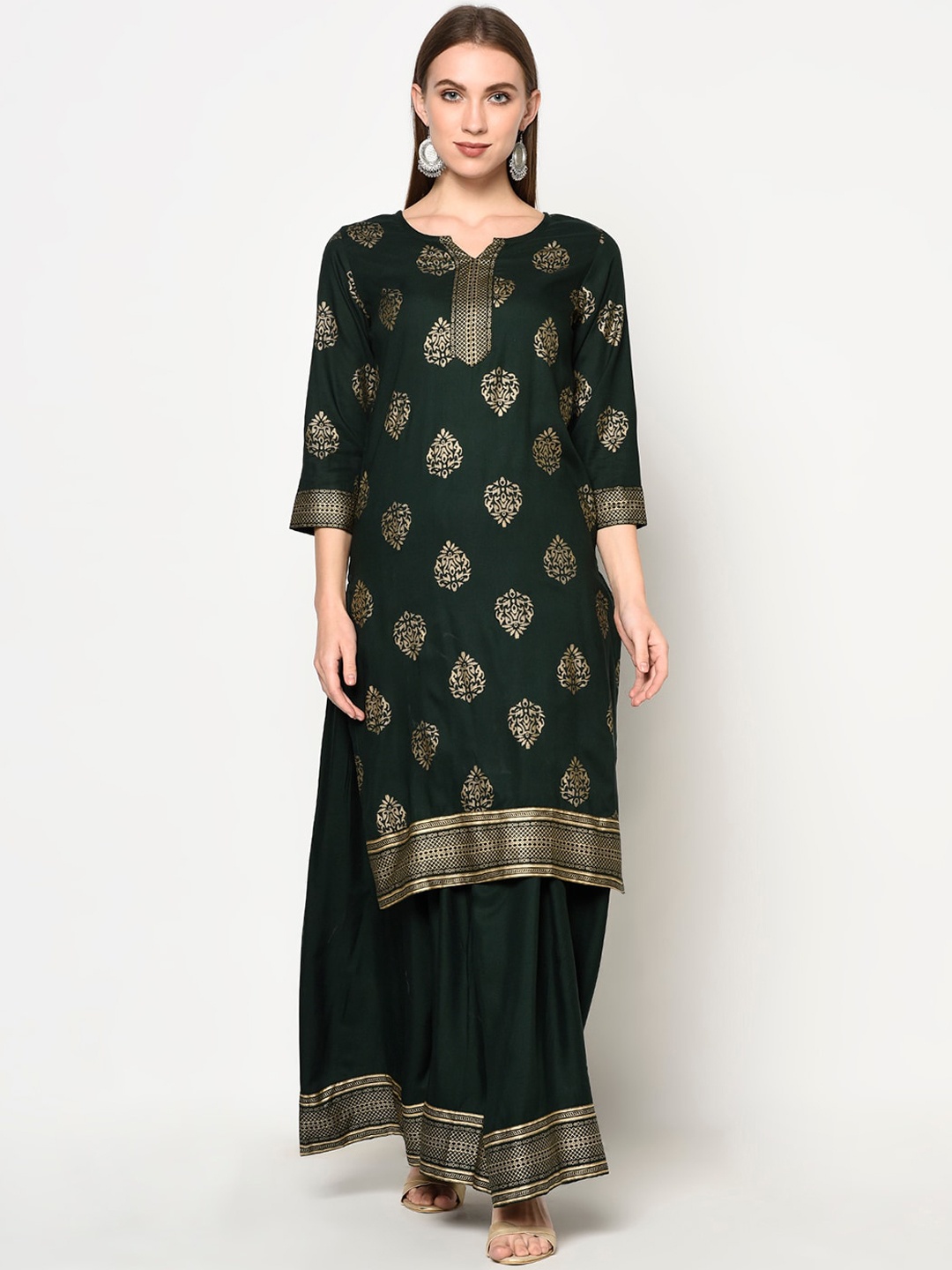

ERISHA Women Ethnic Motifs Printed Notched Neck Kurta with Skirt, Green