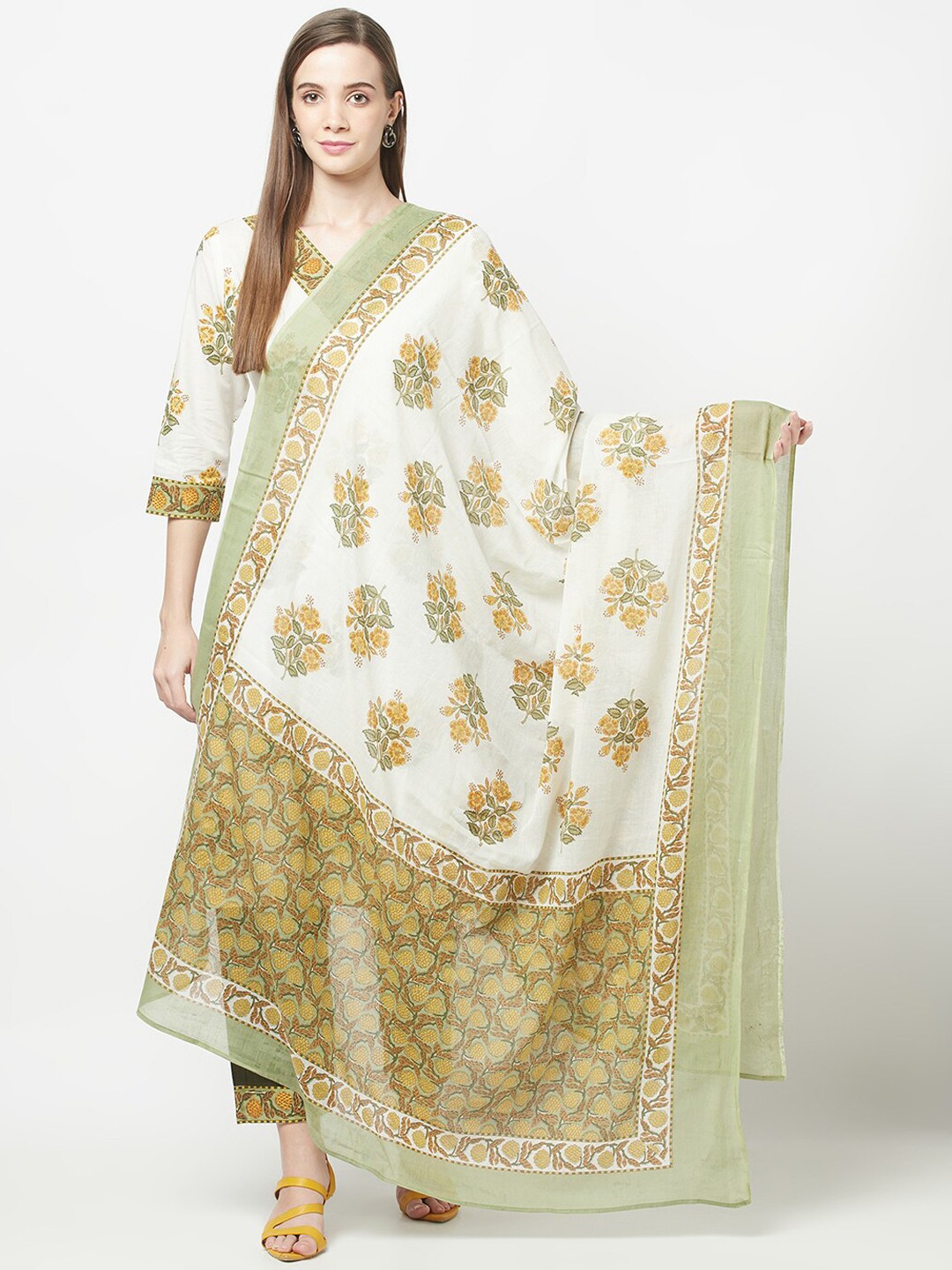 

ERISHA Floral Printed Pure Cotton Kurta with Trousers & With Dupatta, Off white