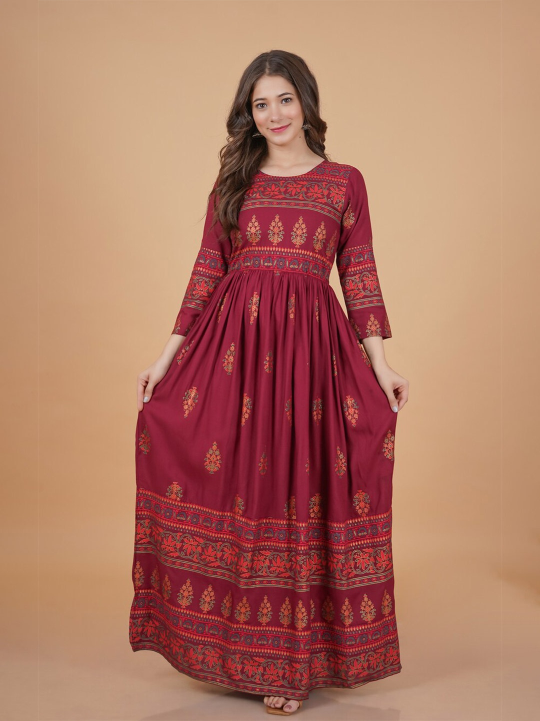 

DRESSAR Ethnic Motifs Maxi Dress, Maroon