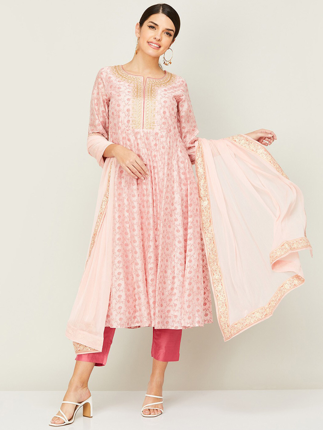 

Melange by Lifestyle Floral Printed Panelled Sequinned Kurta with Trousers & With Dupatta, Pink