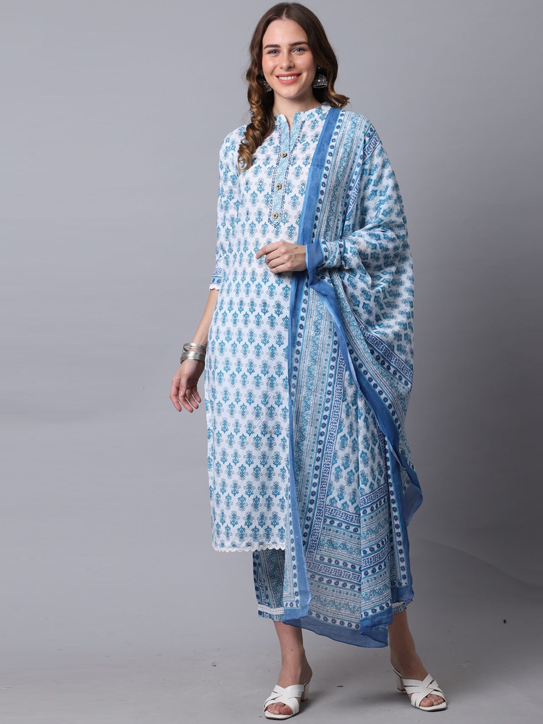 

Rajnandini Ethnic Motifs Printed Pure Cotton Kurta with Trousers & With Dupatta, Blue