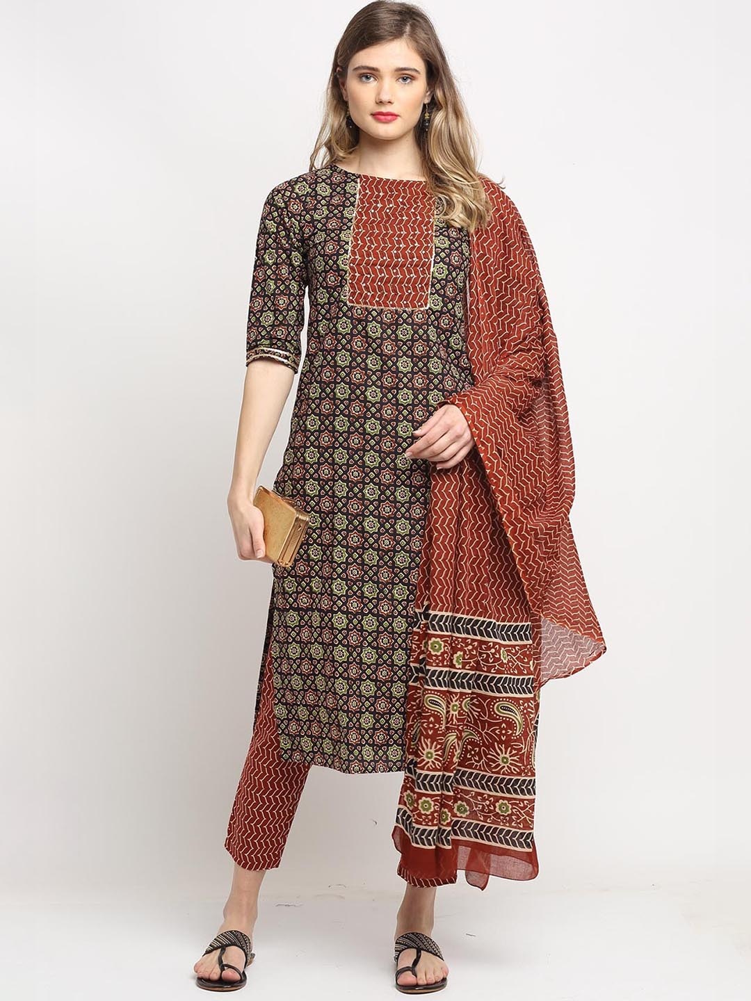 

Rajnandini Floral Printed Sequinned Pure Cotton Kurta & Trousers With Dupatta, Black