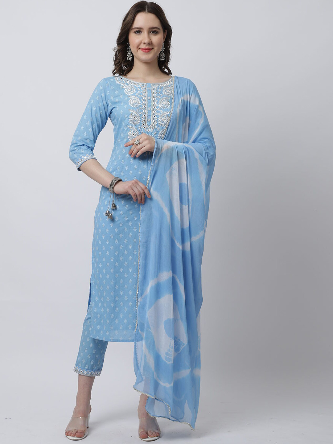 

Rajnandini Floral Embroidered Pure Cotton Kurta & Trousers With Dupatta, Blue