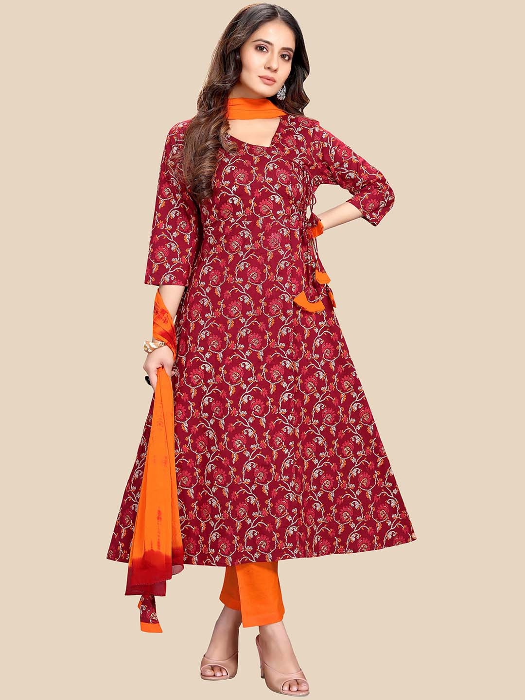 

Rajnandini Women Floral Printed Angrakha Pure Cotton Kurta with Trousers & With Dupatta, Maroon