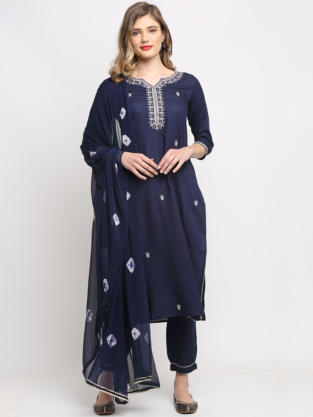 

Rajnandini Ethnic Motifs Embroidered Thread Work Pure Cotton Kurta with Trousers & With, Navy blue