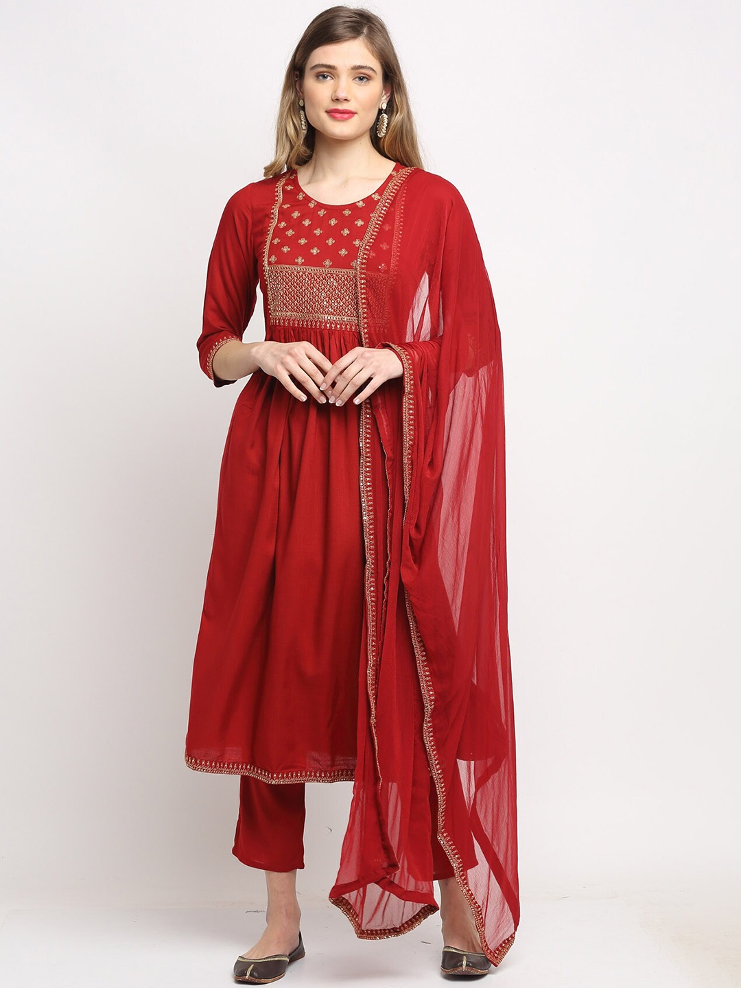 

Rajnandini Women Embroidered Kurta with Trousers & With Dupatta, Maroon