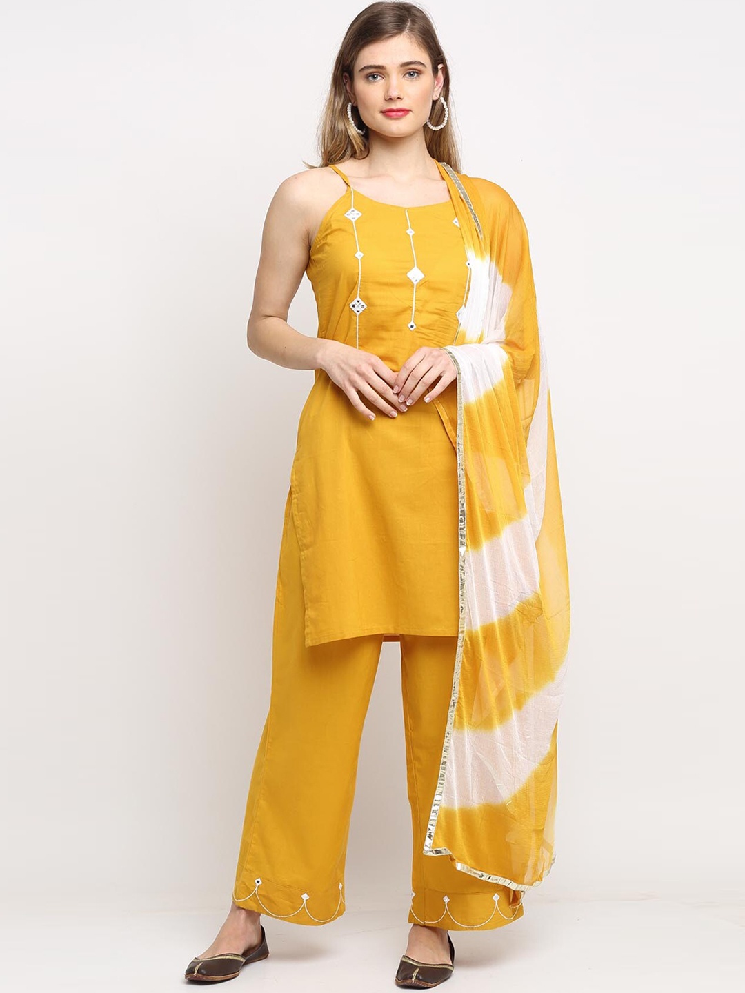 

Rajnandini Women Ethnic Motifs Embroidered Pure Cotton Kurta with Palazzos & With Dupatta, Yellow