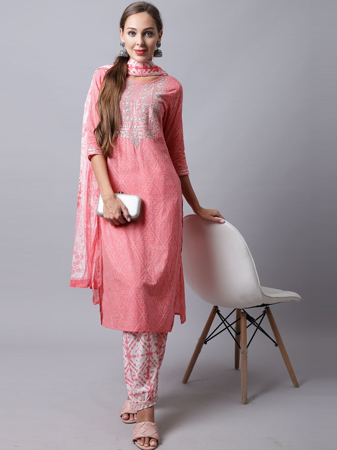 

Rajnandini Women Peach Ethnic Motifs Embroidered Pure Cotton Kurta with Trousers & With Dupatta
