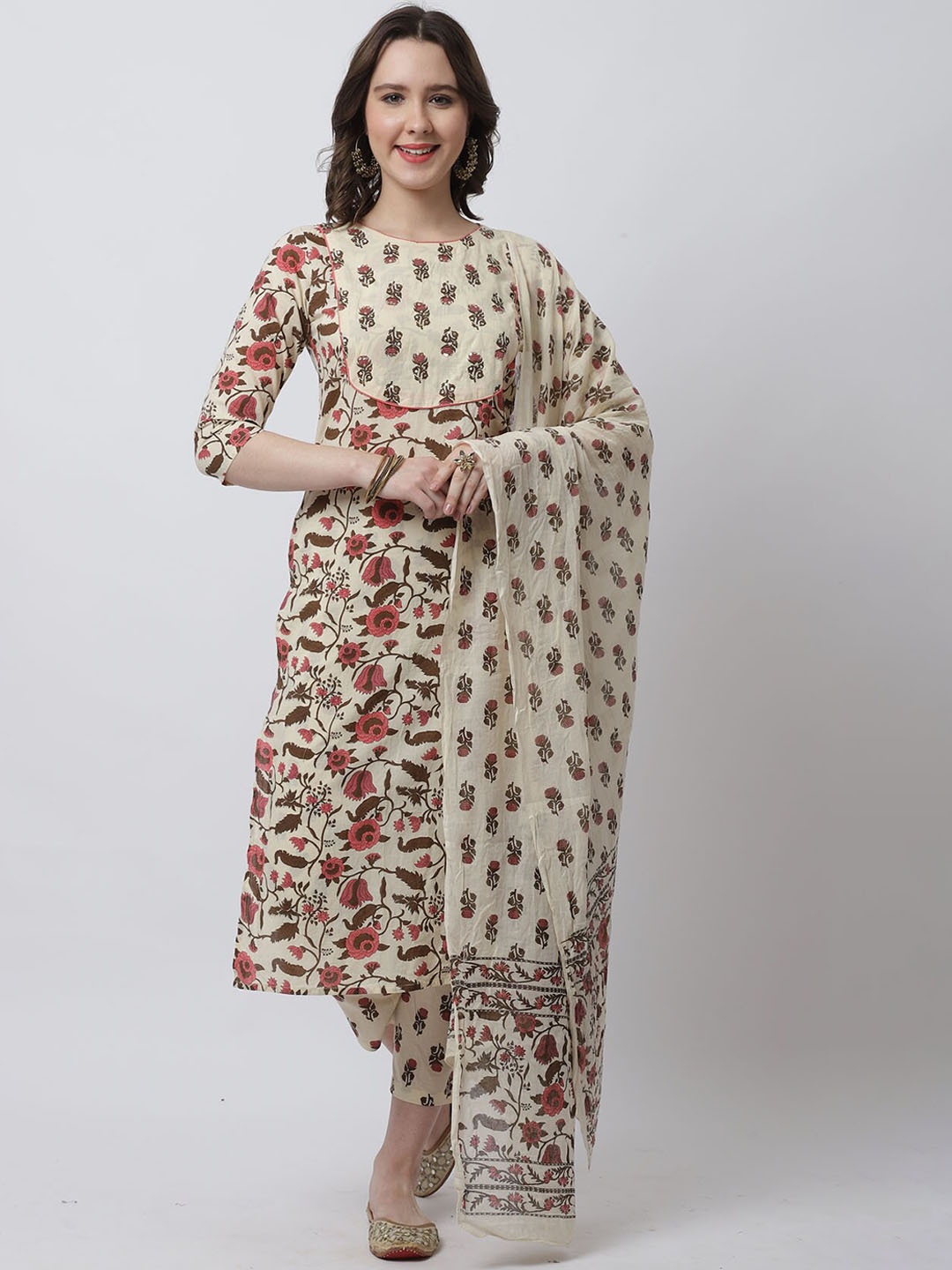 

Rajnandini Women Floral Printed Pure Cotton Kurta with Trousers & With Dupatta, Beige