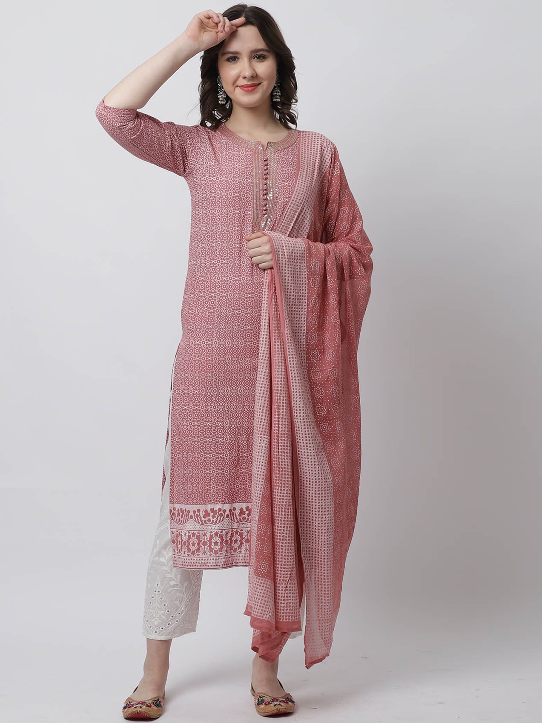 

Rajnandini Women Floral Printed Pure Cotton Kurta with Trousers & With Dupatta, Peach