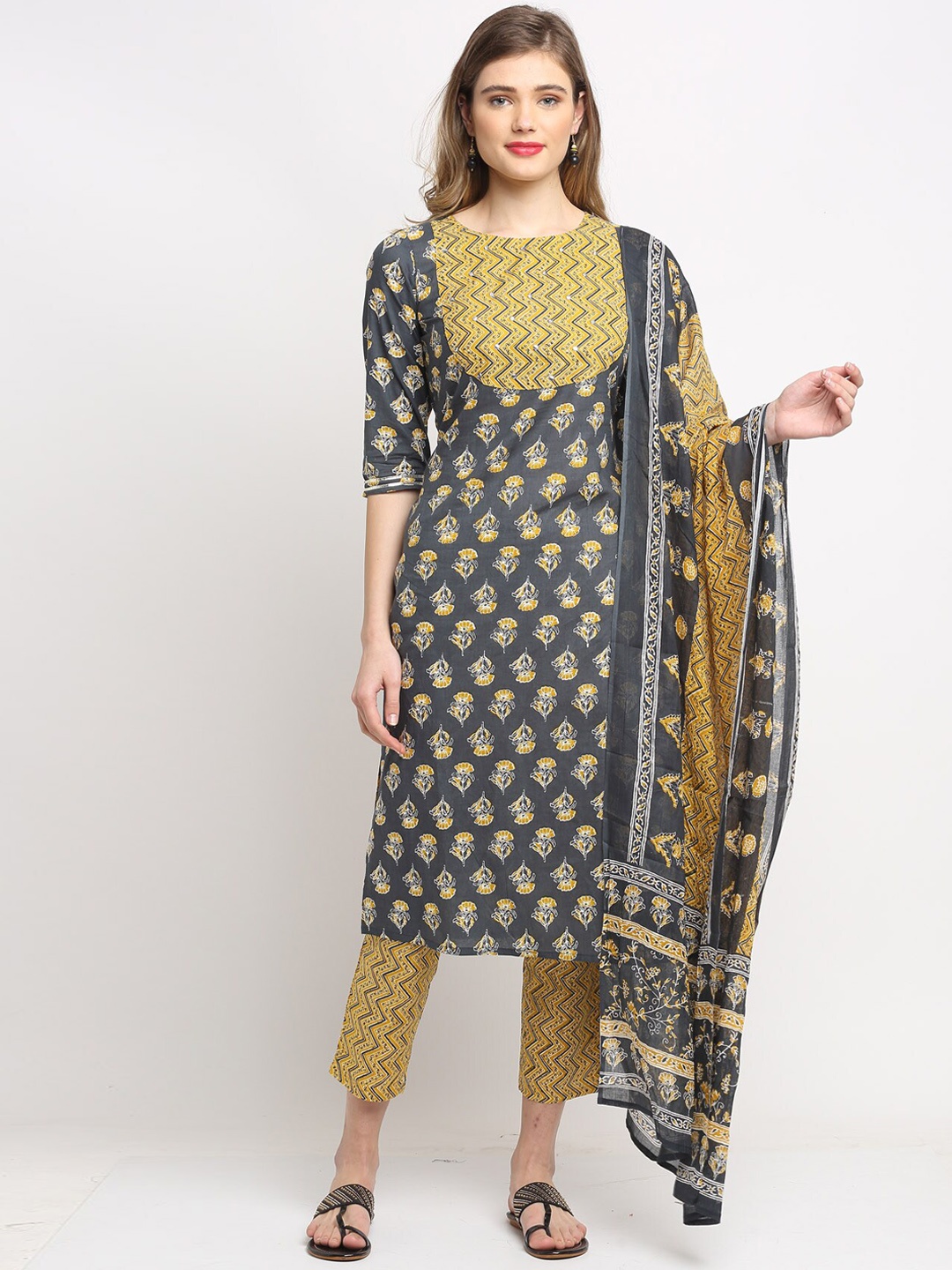 

Rajnandini Floral Printed Mirror Work Pure Cotton Kurta with Trousers & With Dupatta, Grey