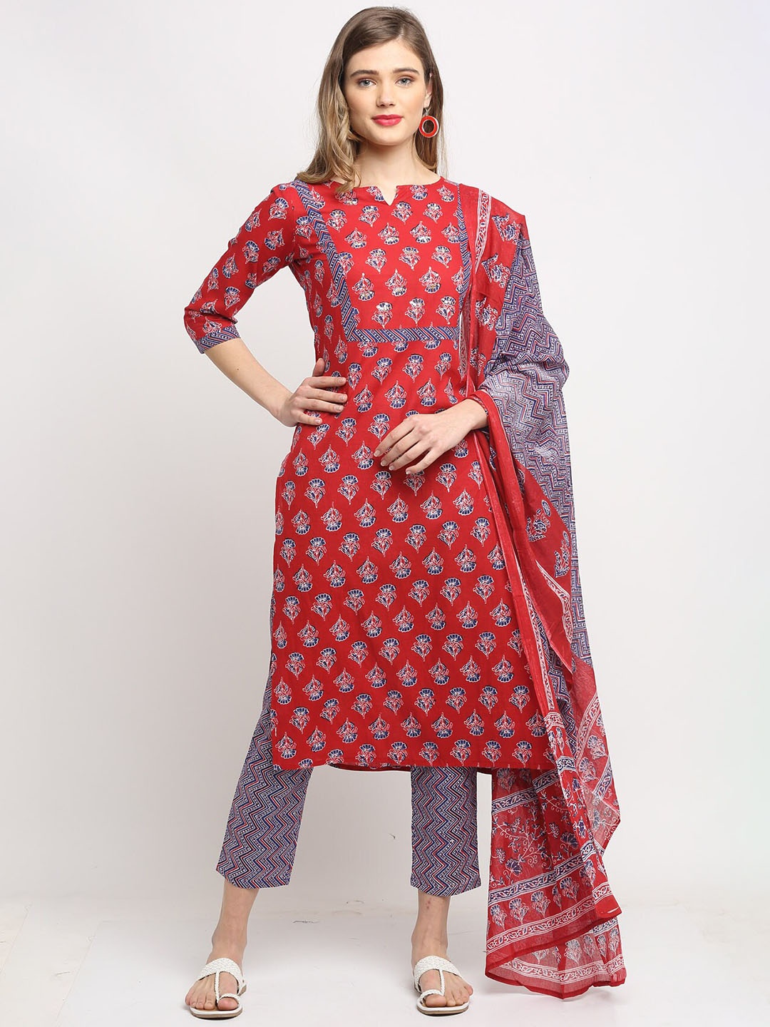

Rajnandini Floral Printed Sequinned Pure Cotton Kurta with Trousers & With Dupatta, Red