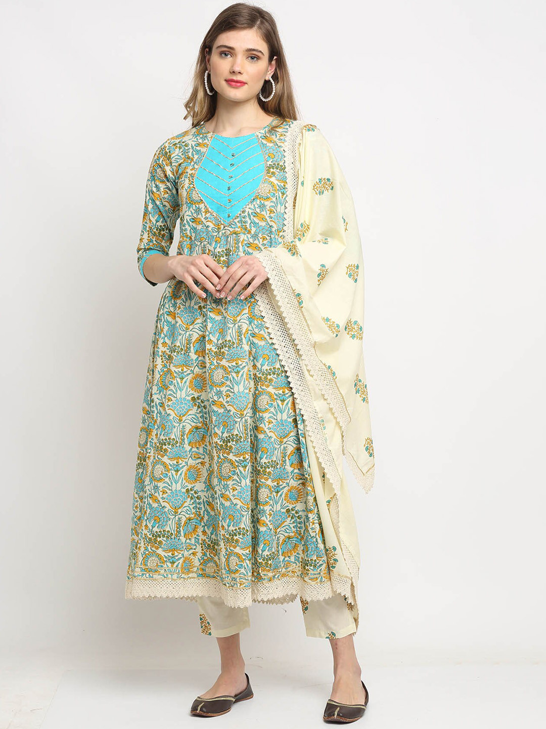 

Rajnandini Women Floral Printed Pure Cotton Kurta with Trousers & Dupatta, Beige