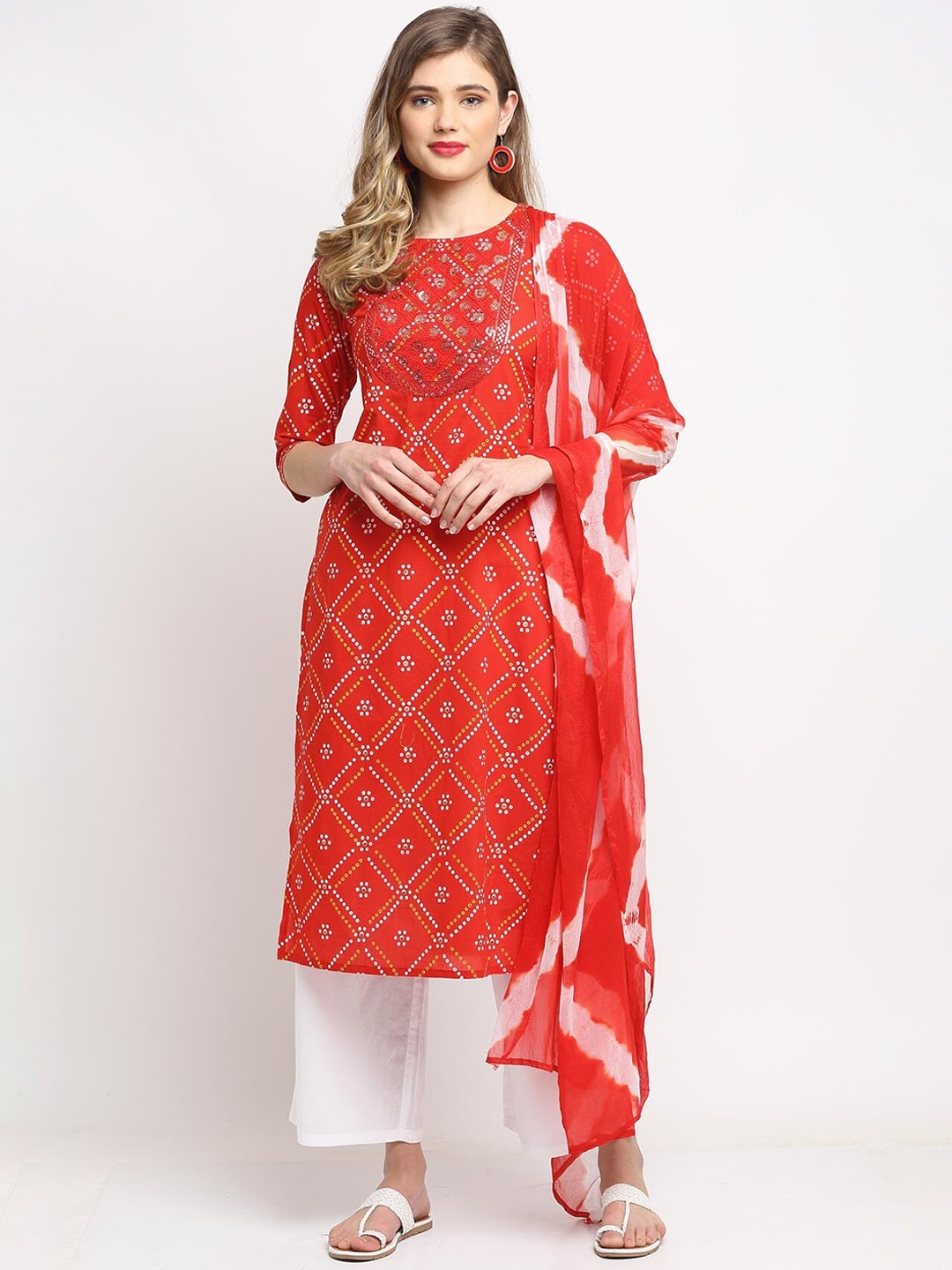 

Rajnandini Women Printed Sequinned Pure Cotton Kurta with Trousers & Dupatta, Red