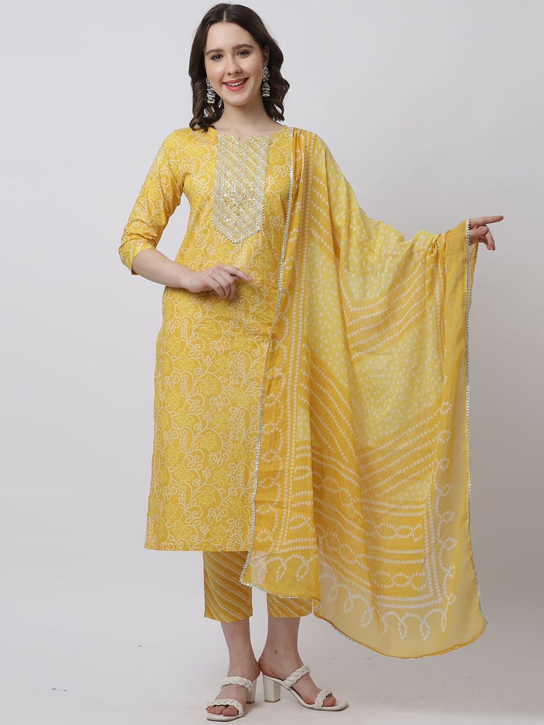 

Rajnandini Women Printed Embroidered Gotta Patti Pure Cotton Kurta With Trousers & Dupatta, Mustard