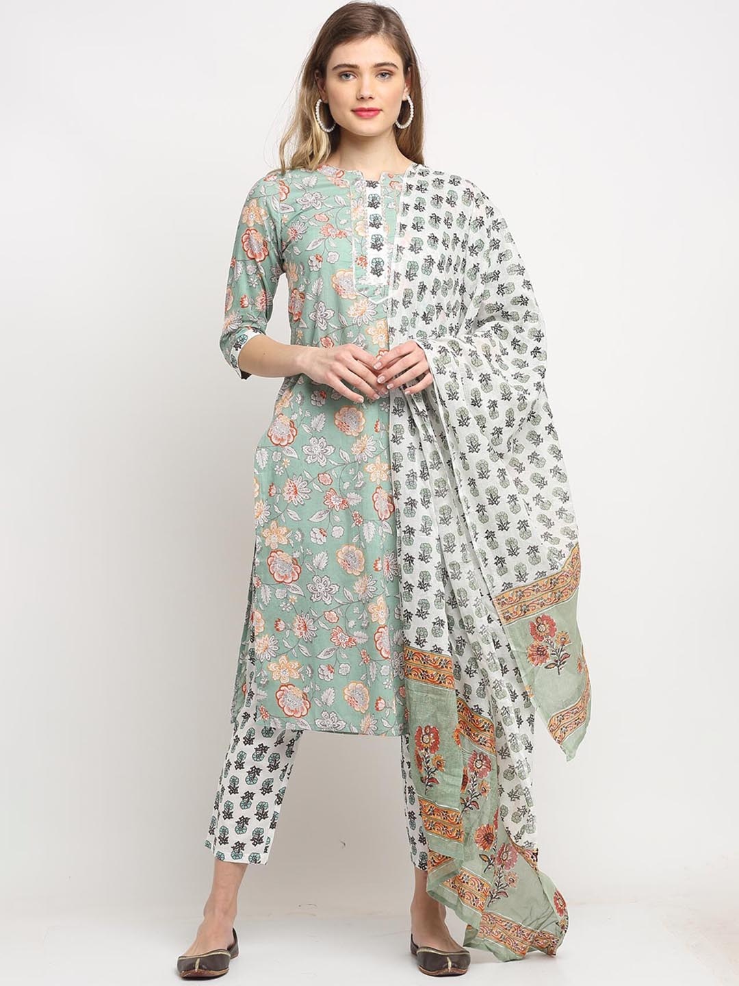 

Rajnandini Women Floral Printed Gotta Patti Pure Cotton Kurta With Trousers & Dupatta, Green