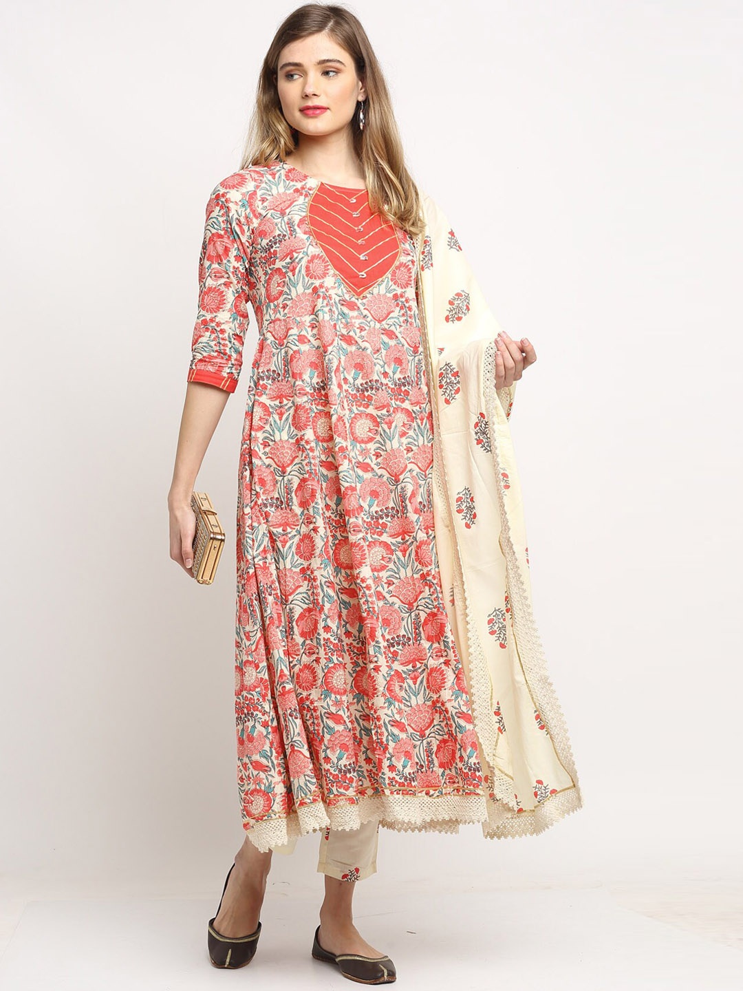 

Rajnandini Women Floral Printed Gotta Patti Pure Cotton Kurta With Trousers & Dupatta, Beige