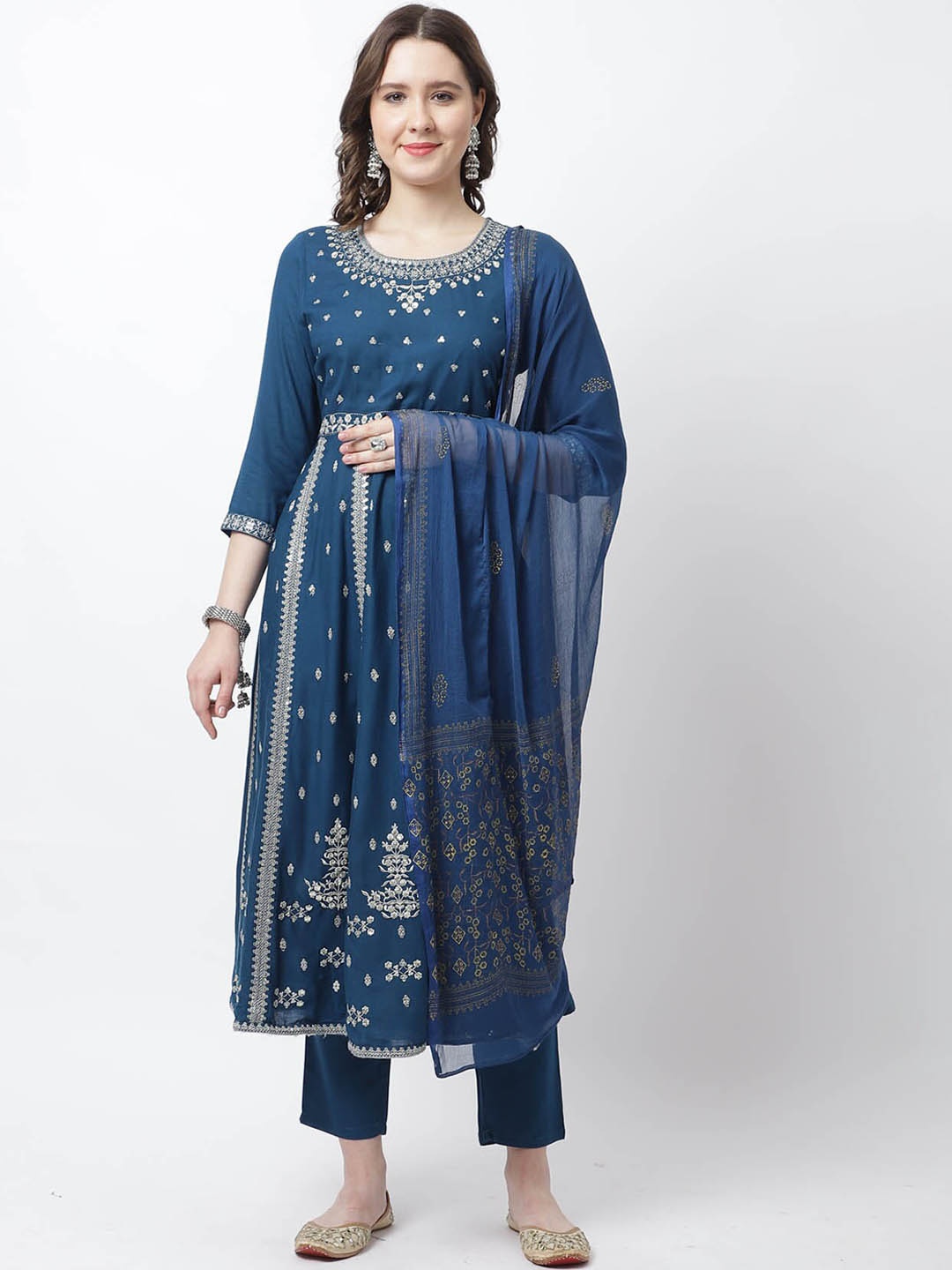

Rajnandini Women Floral Embroidered Kurta With Trousers & Dupatta, Teal