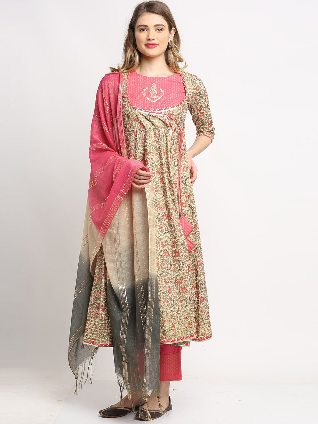 

Rajnandini Women Floral Printed Panelled Pure Cotton Kurta With Trousers & Dupatta, Beige