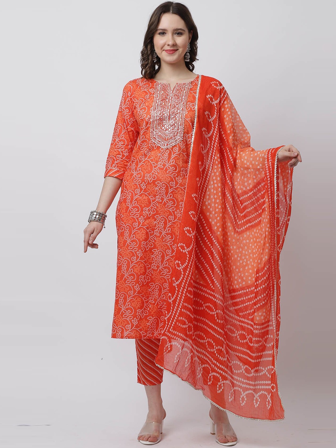 

Rajnandini Women Bandhani Printed Sequinned Pure Cotton Kurta with Trousers & Dupatta, Orange