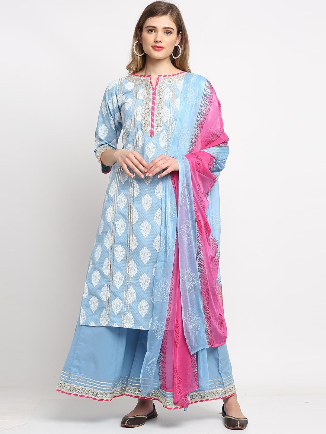 

Rajnandini Women Ethnic Motifs Printed Gotta Patti Kurta with Palazzos & Dupatta, Blue