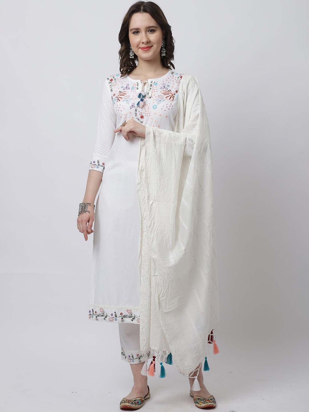 

Rajnandini Women Floral Embroidered Thread Work Pure Cotton Kurta with Trousers & Dupatta, Off white