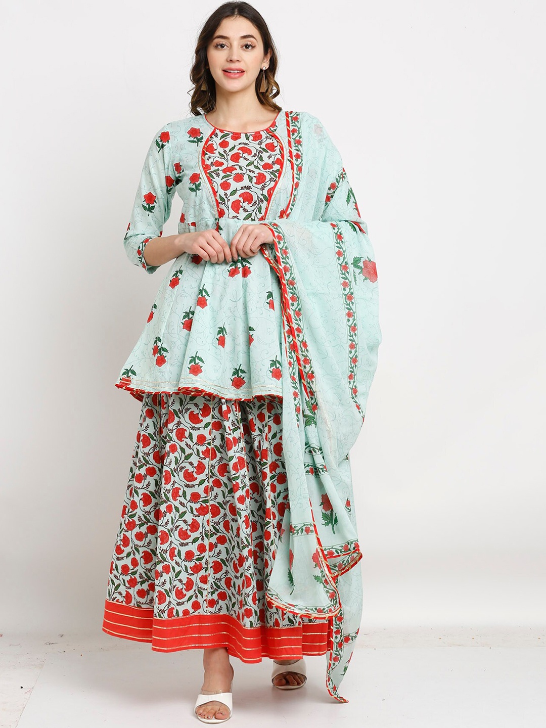 

Rajnandini Women Floral Printed Pure Cotton Kurti with Palazzos & Dupatta, Sea green