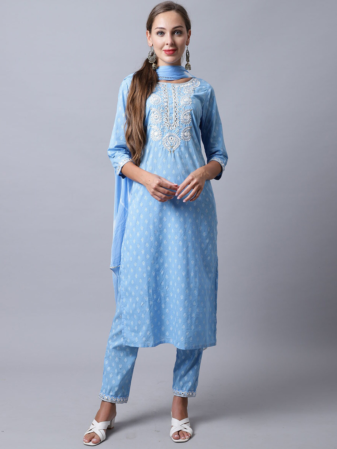 

Rajnandini Women Ethnic Motifs Embroidered Pure Cotton Kurta with Trousers & With Dupatta, Blue