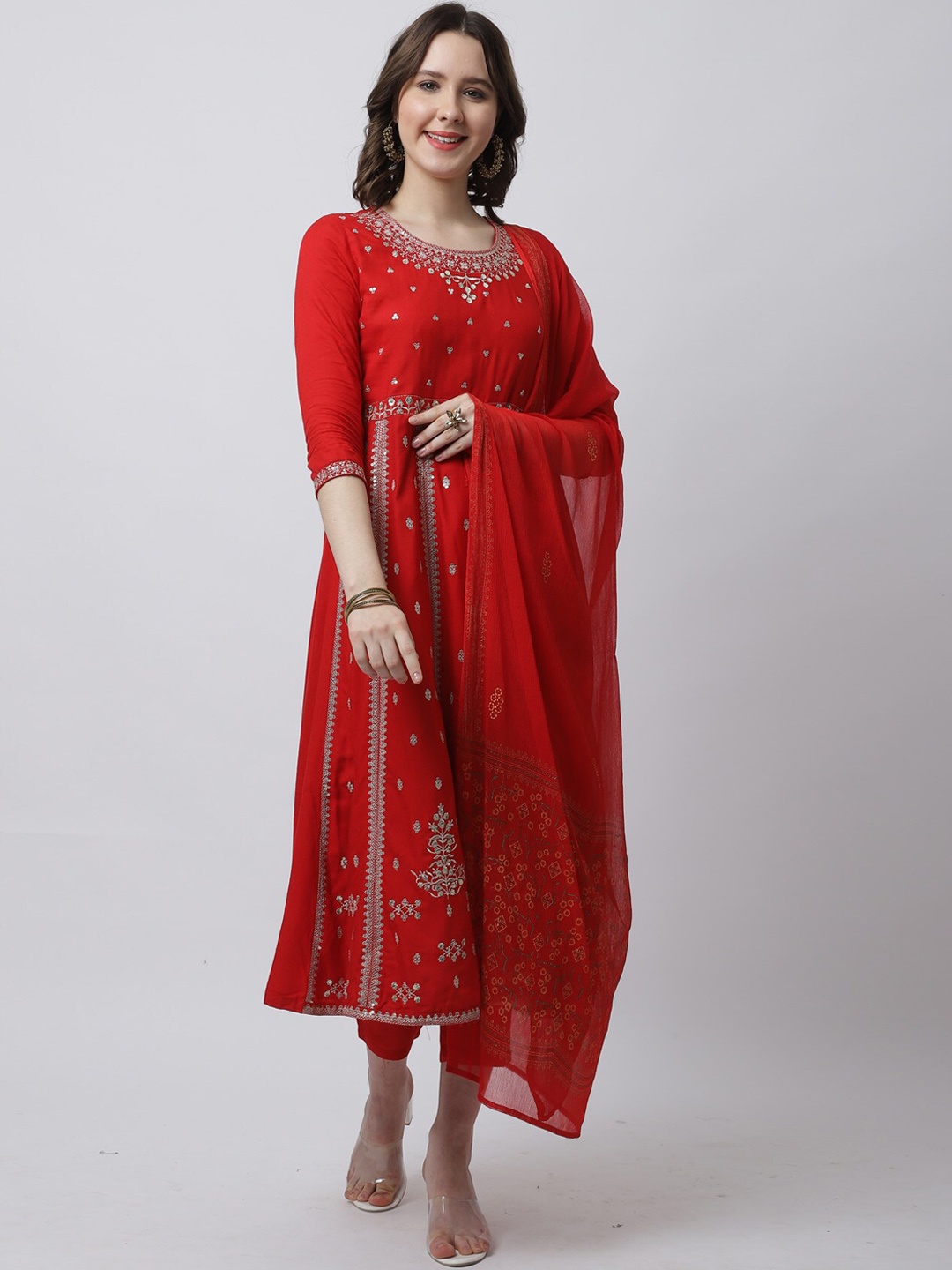 

Rajnandini Women Ethnic Motifs Embroidered Kurta with Trousers & With Dupatta, Red