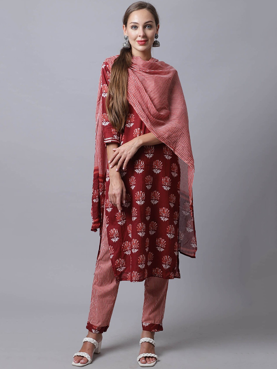 

Rajnandini Women Floral Embroidered Pure Cotton Kurta with Trousers & With Dupatta, Maroon