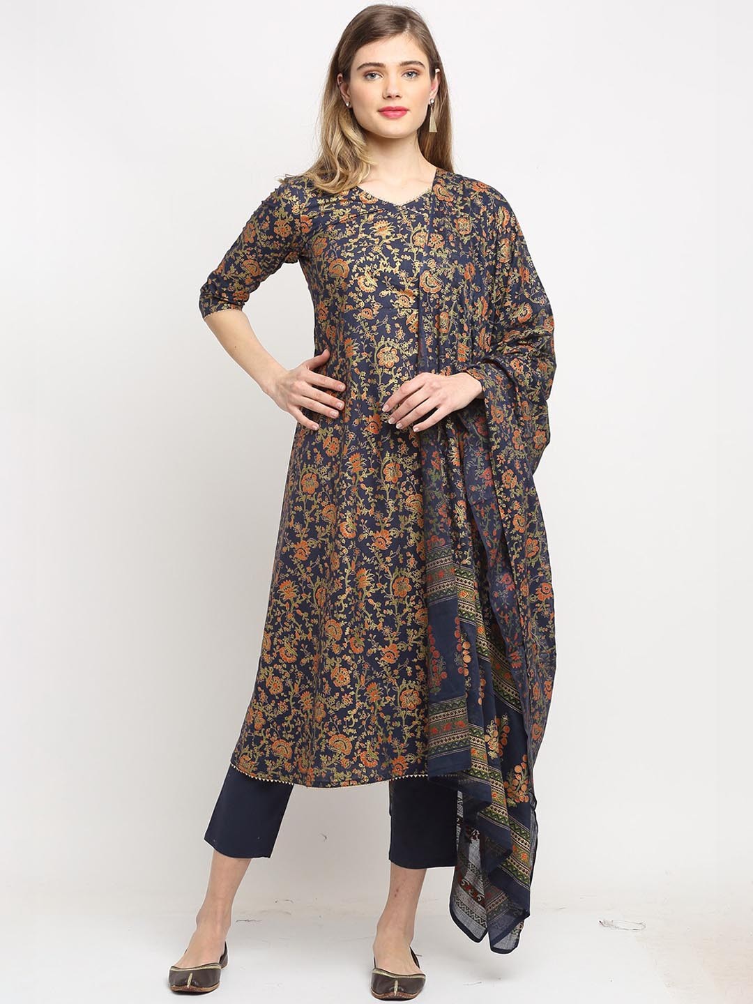 

Rajnandini Women Floral Printed Pure Cotton Kurta with Trousers & With Dupatta, Blue