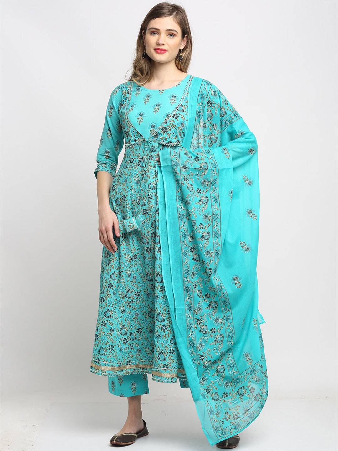 

Rajnandini Women Floral Printed Gotta Patti Pure Cotton Kurta With Trousers & Dupatta, Blue