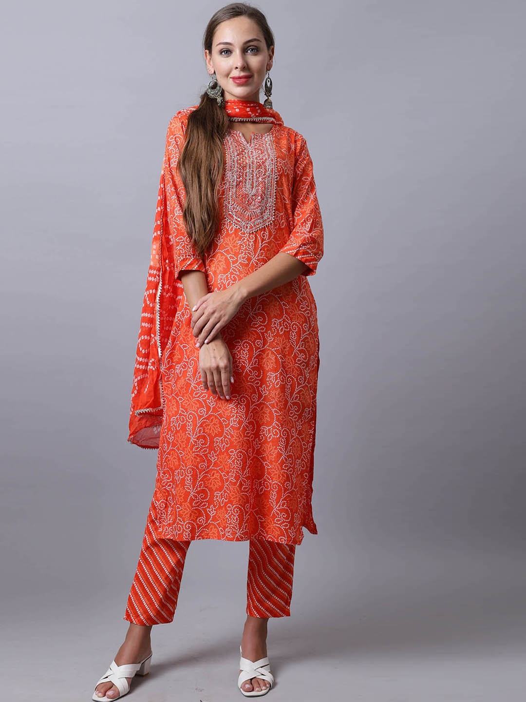 

Rajnandini Women Bandhani Embroidered Pure Cotton Kurta With Trousers & Dupatta, Orange