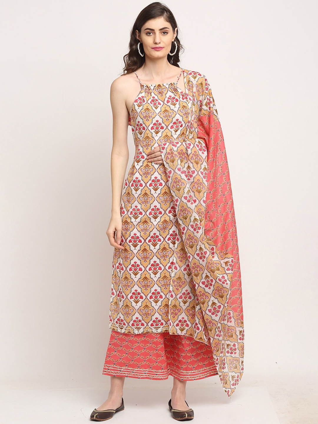 

Rajnandini Women Floral Printed Pure Cotton Kurta With Palazzos & Dupatta, White
