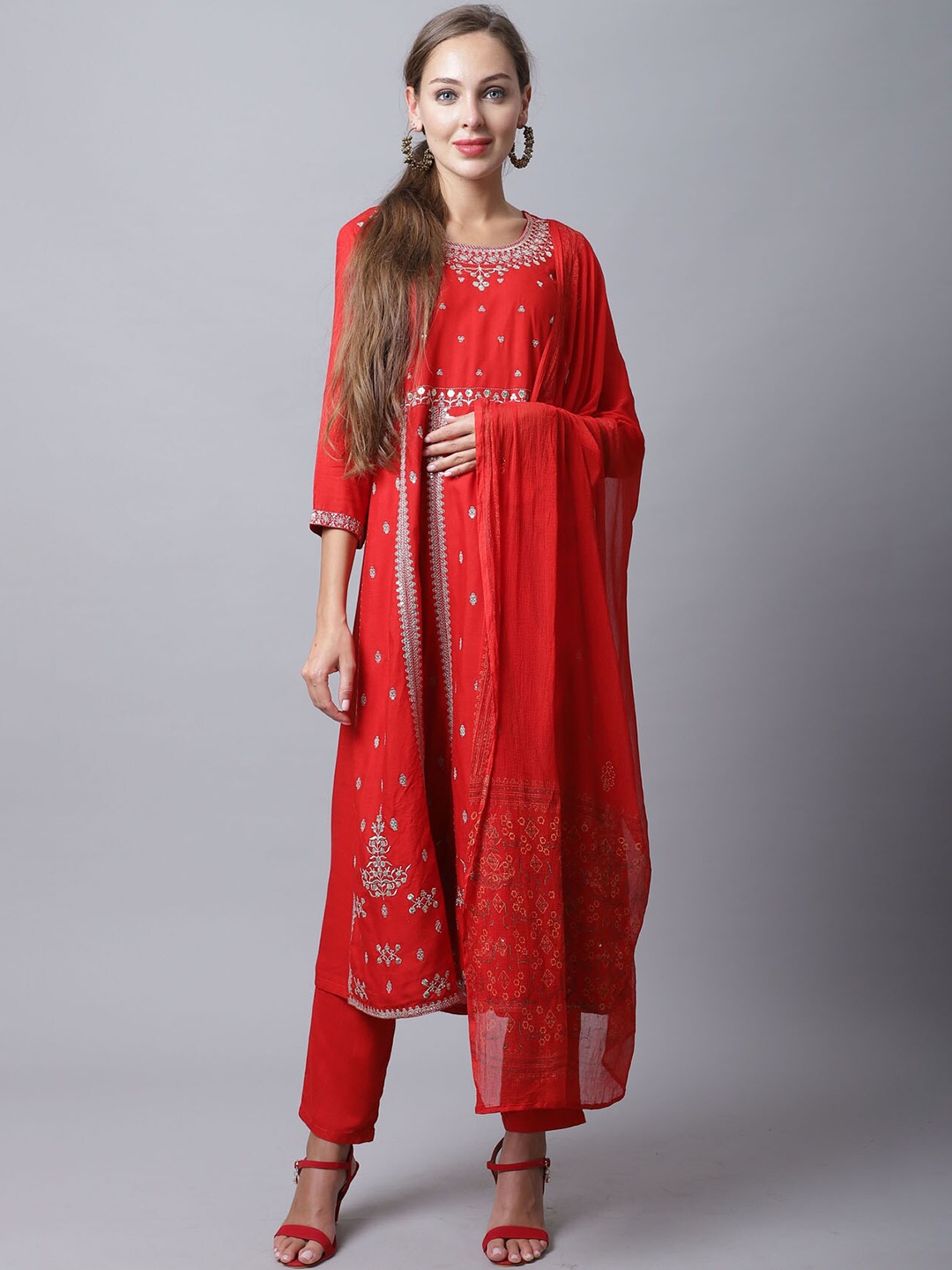 

Rajnandini Ethnic Motifs Embroidered Thread Work Kurta With Trousers & Dupatta, Red