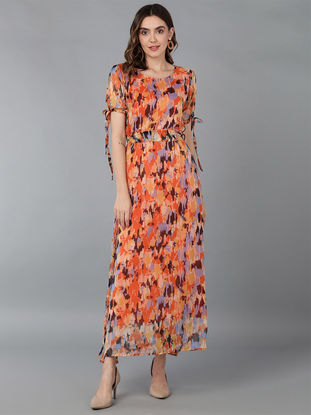 

Fashfun Round Neck Maxi Fit & Flare Dress, Orange