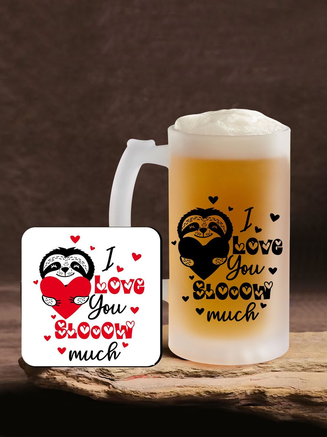 

TIED RIBBONS Valentine Gift Set White & Yellow Printed Frosted Beer Mug With Coaster