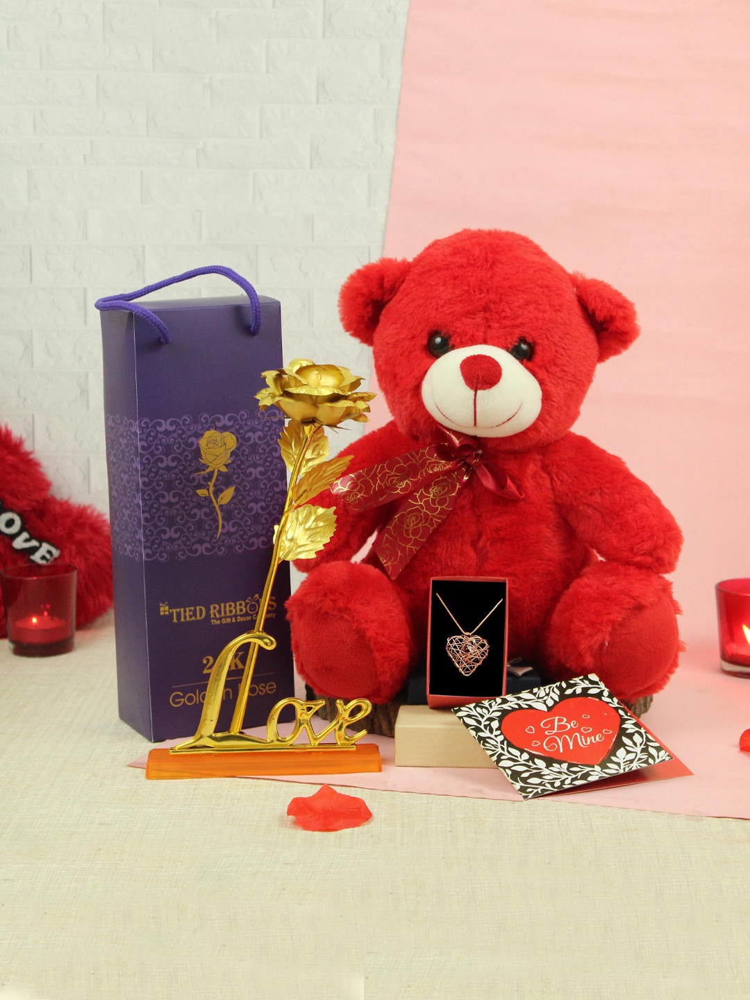 

TIED RIBBONS Valentine Red and Gold Toned Teddy Bear with Flower Pendant & Card