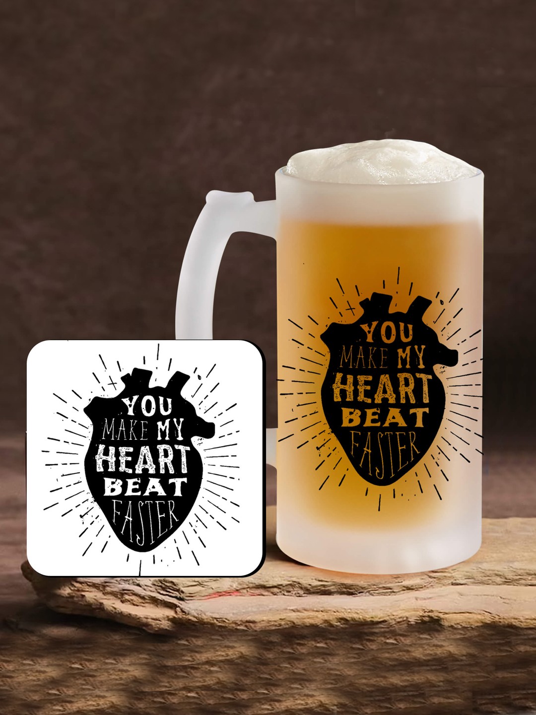 

TIED RIBBONS Valentine Day Gift White Printed Frosted Beer Mug With Coaster