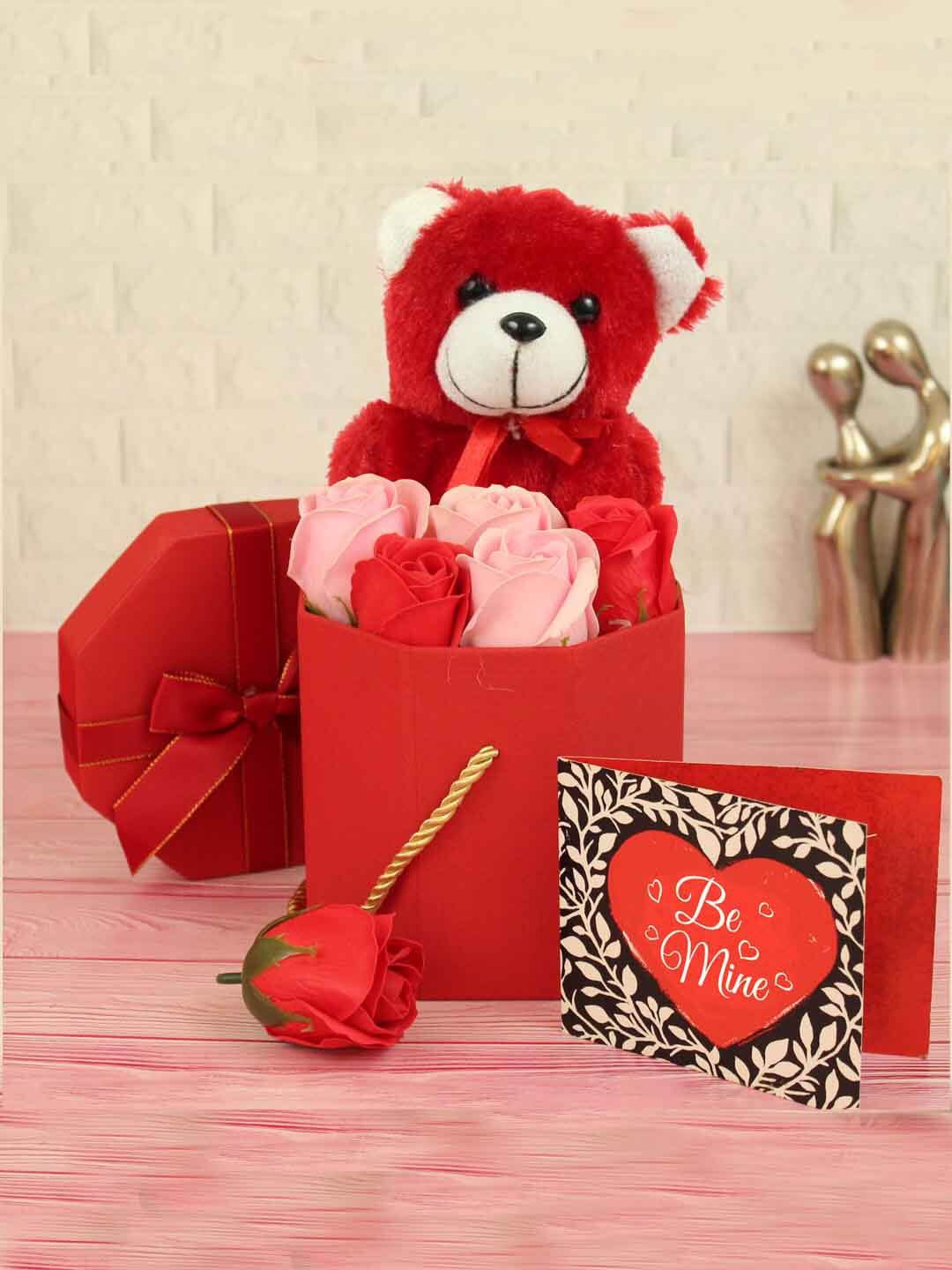 

TIED RIBBONS Red & Black 3-Pieces Teddy Bear With Flowers Card & Gift Box