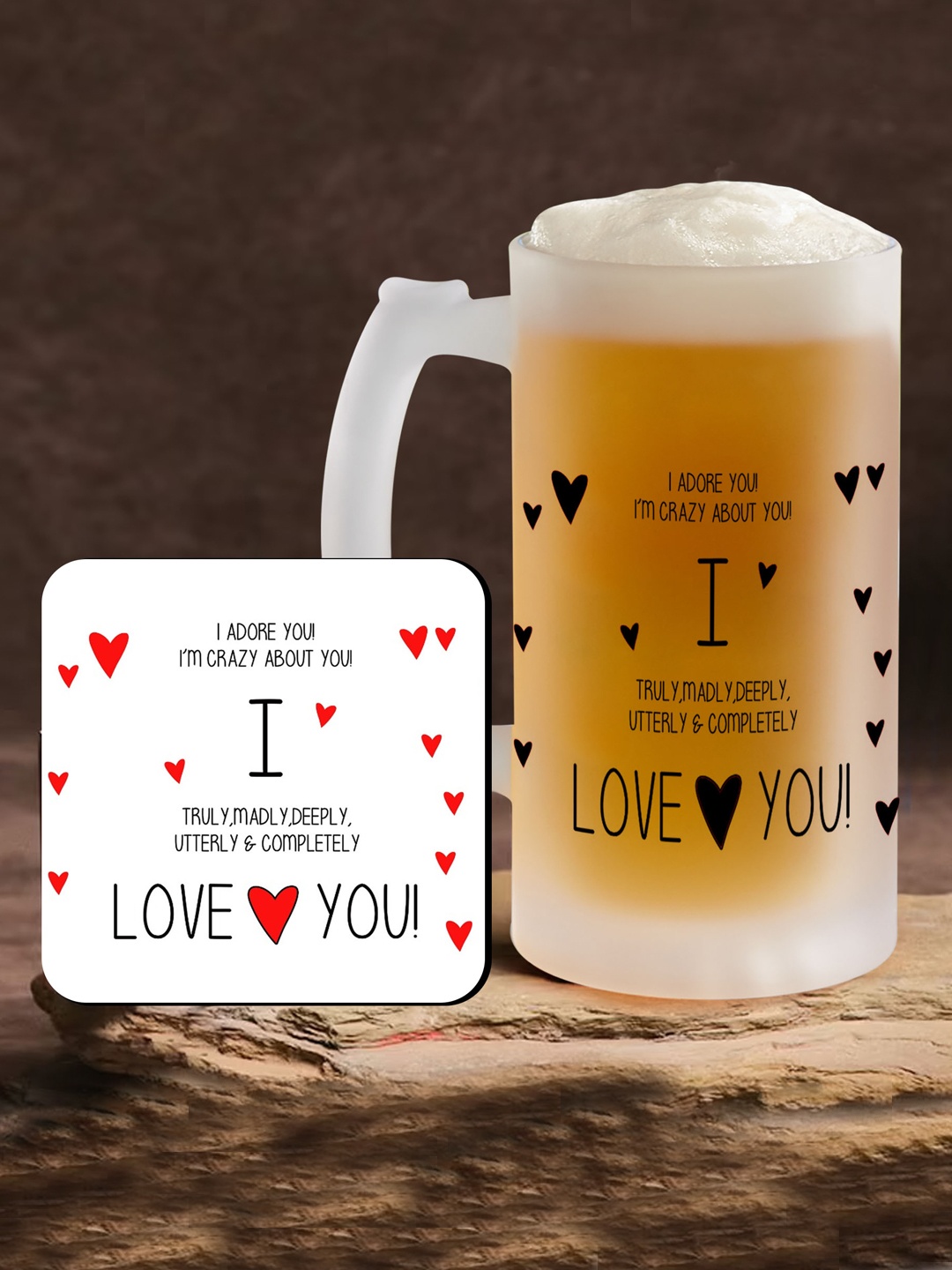 

TIED RIBBONS Transparent & White Printed Frosted Beer Mug With Coaster Gift Set