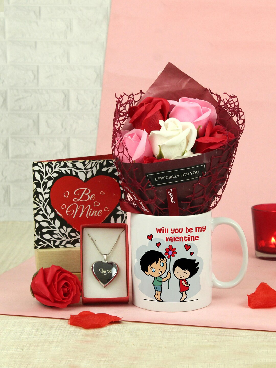 

TIED RIBBONS Red & White Artificial Flower Bouquet Mug Card Pendant with Chain Combo
