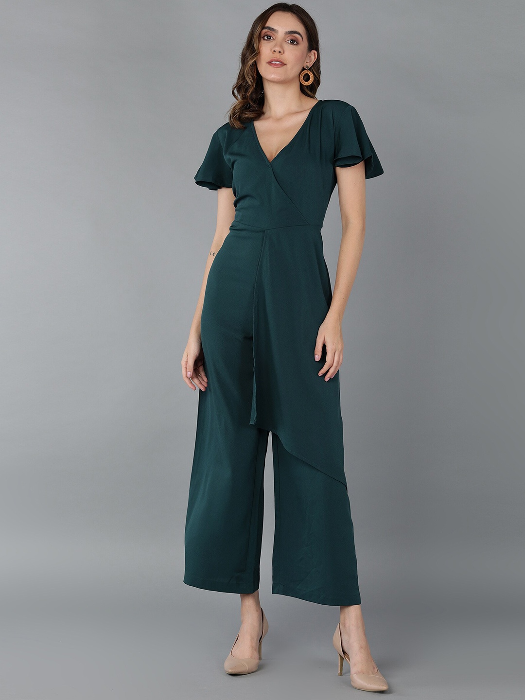 

Fashfun Women Flutter Sleeves V-Neck Basic Jumpsuit, Green