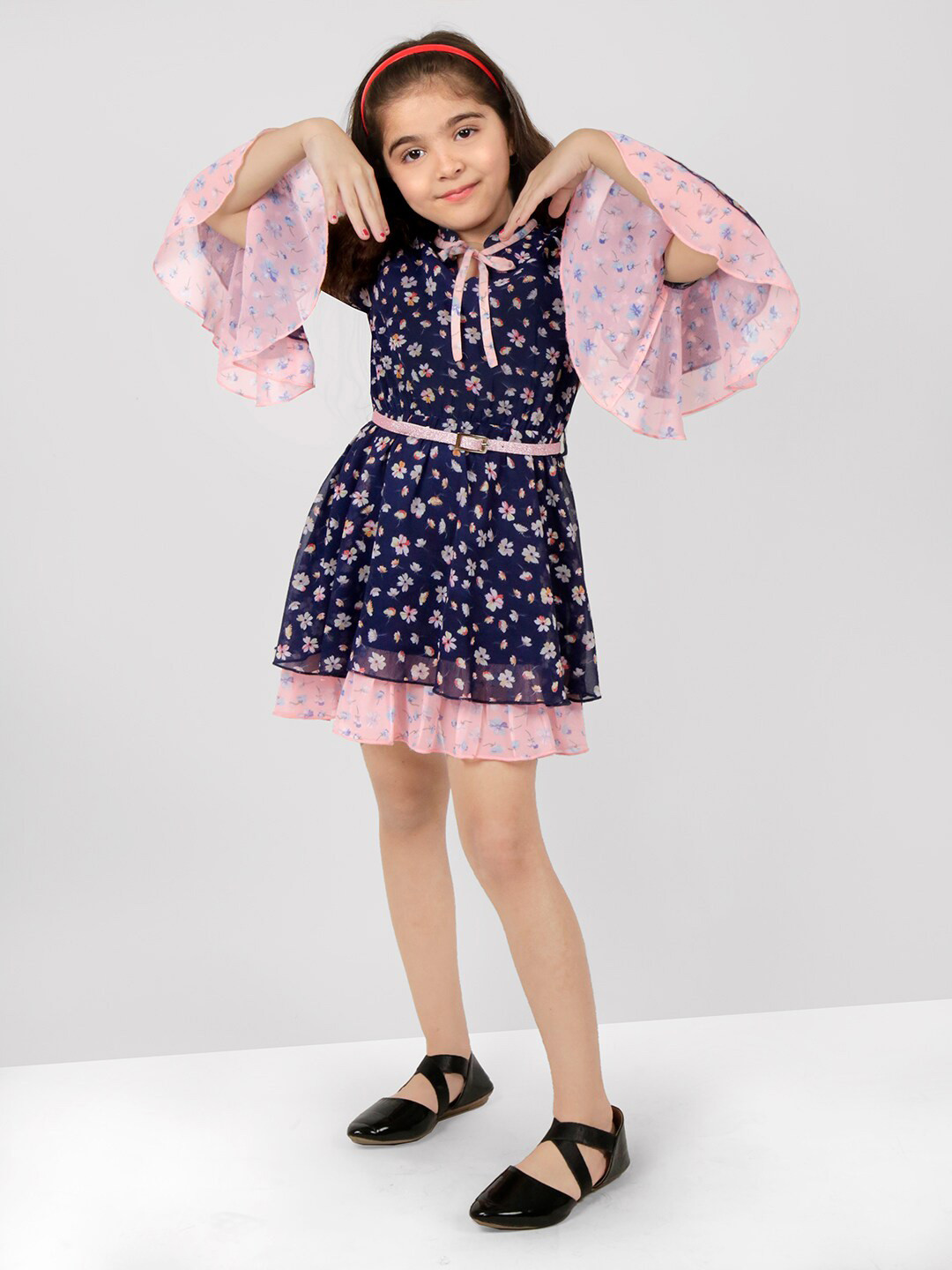 

Naughty Ninos Girls Floral Printed Tie-Up Neck Layered Fit & Flare Dress, Navy blue